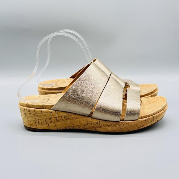 Kork-Ease Sandals Womens 10 Gold Metallic Leather Menzie Cork Wedge Comfort - Picture 1 of 11
